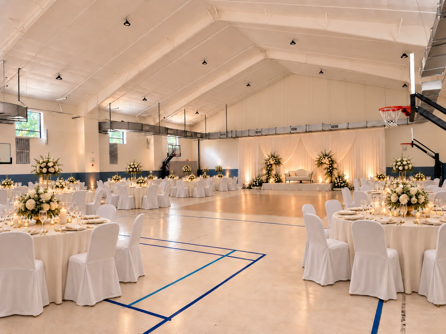 Wedding setup inspiration in the Al Noor gym with covered white chairs